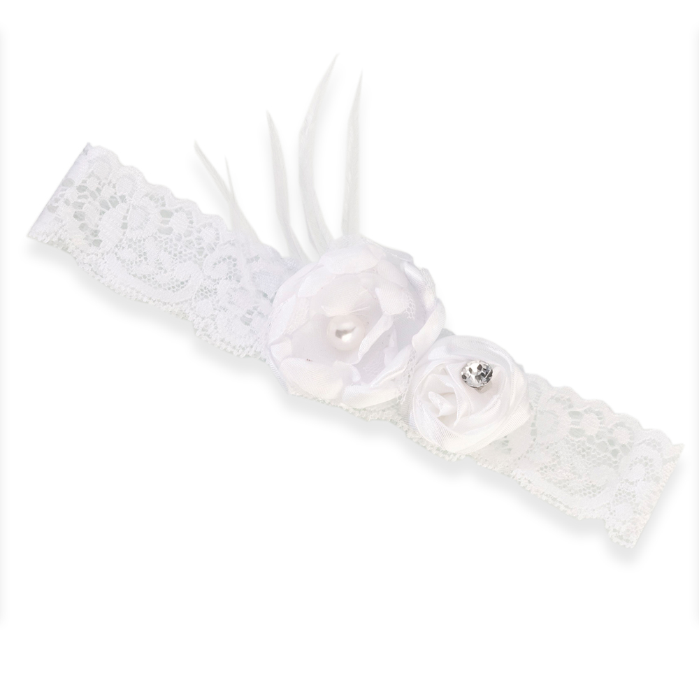 Vintage White Lace Garter with Flowers & Gem