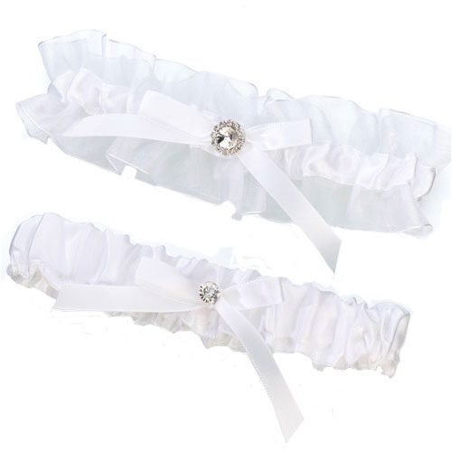 White Satin Rhinestone Garter Set -0